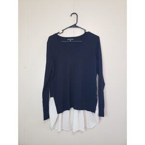 Adrianna Papell Women M Sweater Pullover Black Ruffle V Neck Chiffon Contrast